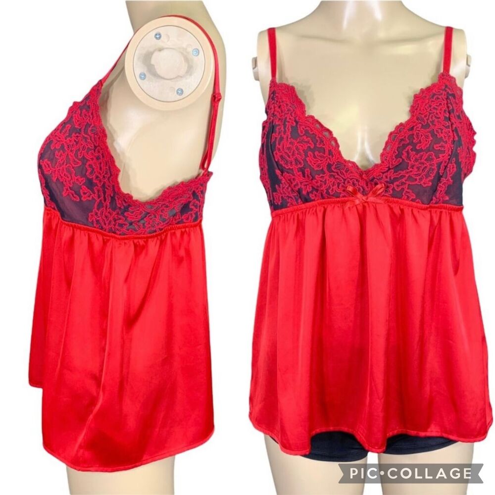 Tahari Sleepwear Womens Lingerie Top Pajama Sleepwear Satin Lace Babydoll Red